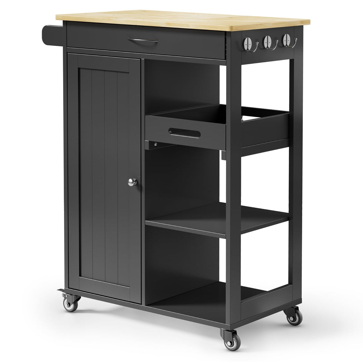 Gizoon Kitchen Island Cart with Solid Wood Top, Rolling Serving Utility Trolley Cart with Drawer, Cabinet, Towel Rack, Hooks and 3 Open Storage Shelves, Mobile Storage Cart for Dining Room, Bar, Black Gizoon