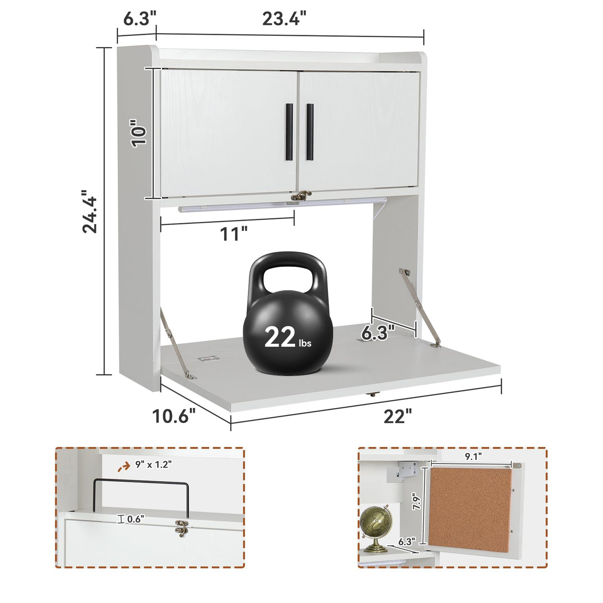 ARTETHYS Wall Mounted Desk with LED Light Multifunctional Fold Down Laptop Computer Table Writing Workstation with Storage Compartments Space Saving for Home Office ARTETHYS