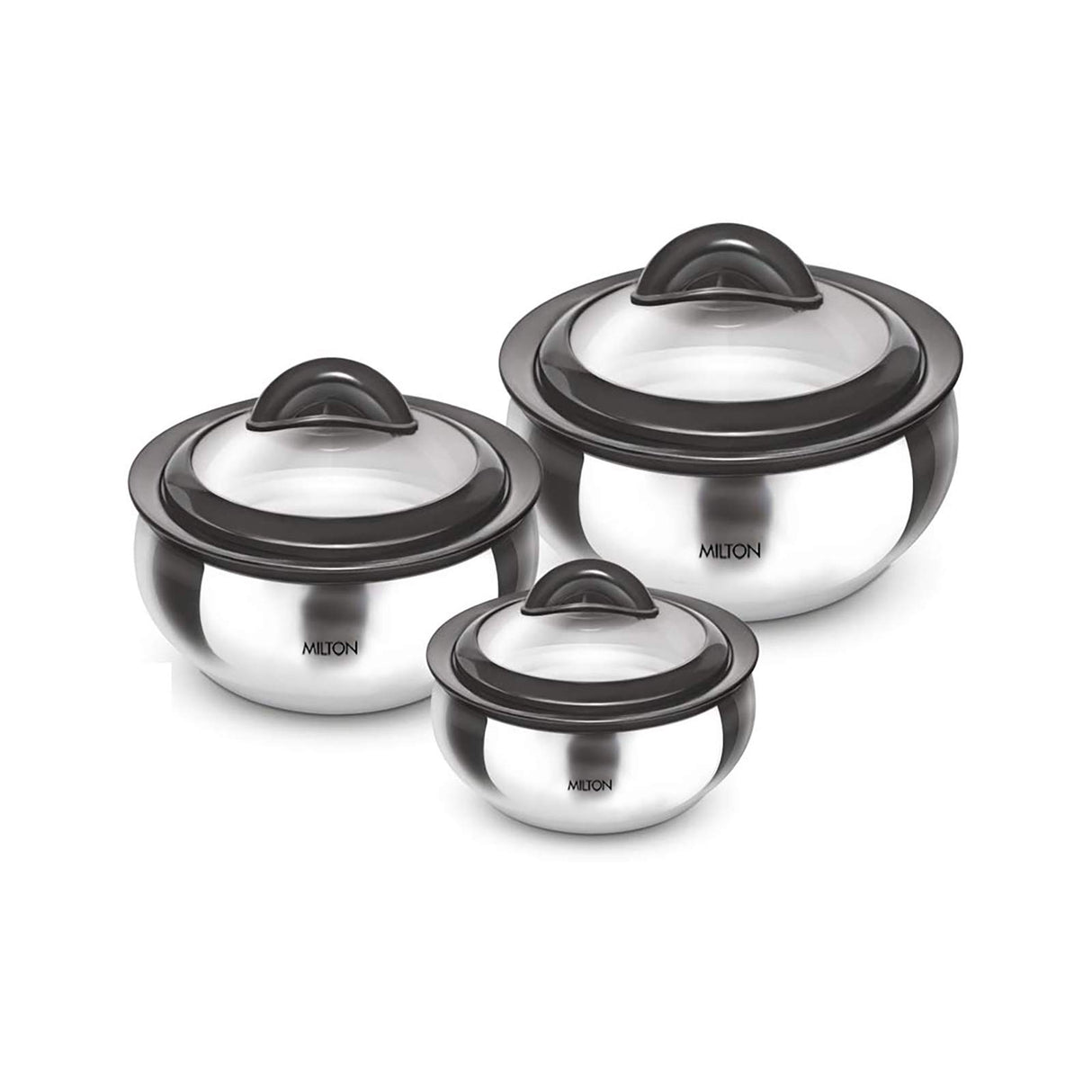 Milton Casserole with Glass Lid Set of 3 for Hot Food, Insulated Hot Pot, Stainless Steel, Serving Box (bowl, dish) for Food and Roti, Sizes 19 oz, 41 oz and 66 oz, Clarion MILTON