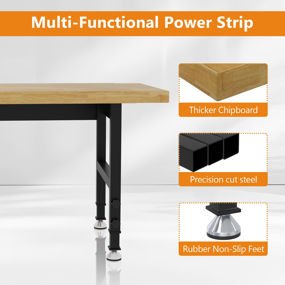 Pelnuies 60" Work Bench, Adjustable Height Workbench with Rubber Pad, Heavy-Duty Work Table with Power Outlets, 2000 LBS Capacity Workstation for Garage, Workshop, Office, Home Pelnuies