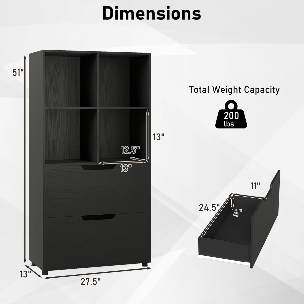 Giantex Bookcase with 2 Drawers, 51” Tall Floor Bookshelf w/4 Cubes, Anti-tip Kits, Freestanding Display Rack, Cubby Storage Organizer for Study, Living Room, Home Office, Black Giantex