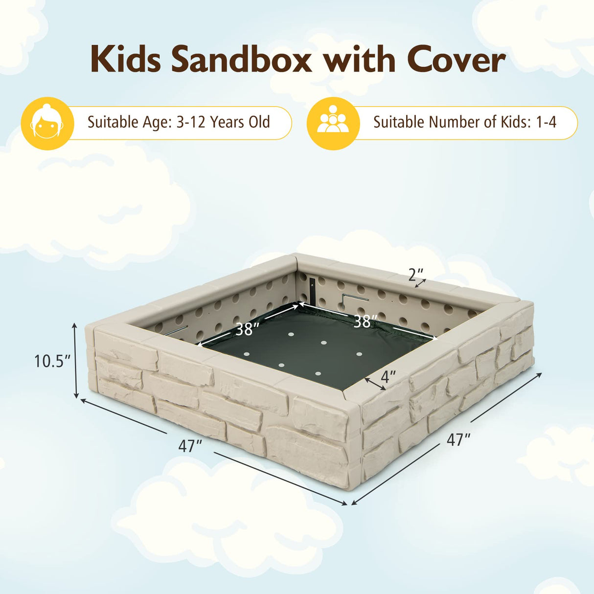 HONEY JOY Sandbox with Cover, 47x47 Inch Square Sand Pit for Backyard, Bottom Drainage Oxford Liner, HDPE Playful All Weather Resistant Sand Boxes for Kids Outdoor with Lid (White) HONEY JOY
