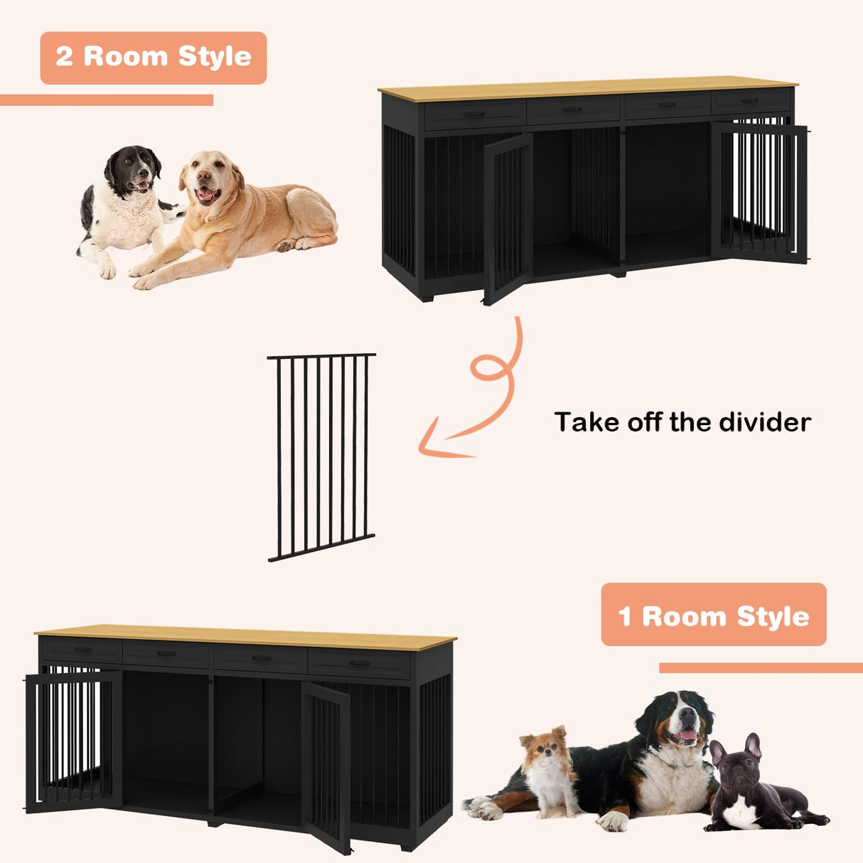 Timechee Extra Large Dog Crate, 86.6" Heavy Duty Wooden Dog Cage Furniture Dog Crate Kennel with Drawers & Removable Divider,Indoor Luxury Dog House with Double Rooms for XL L Breed Dogs, Black Timechee
