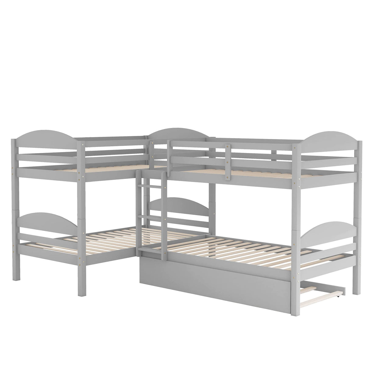 Quad Bunk Bed with Trundle,Twin-Over-Twin L Shape Bunk Bed Frame with Built in Ladder and Guardrail,Wood Bunk Bed Corner BunkBed for Accommodating 5,Family Bedroom Dorm,No Box Spring Needed,Gray TRIPLE TREE