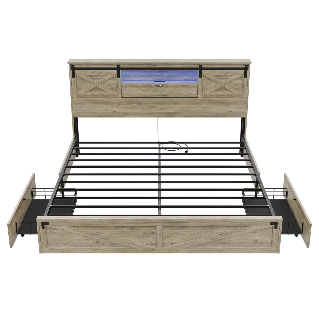 Hasuit Rustic Oak Farmhouse King Bed Frame with LED Lights, Charging Station, and Storage Drawers Hasuit