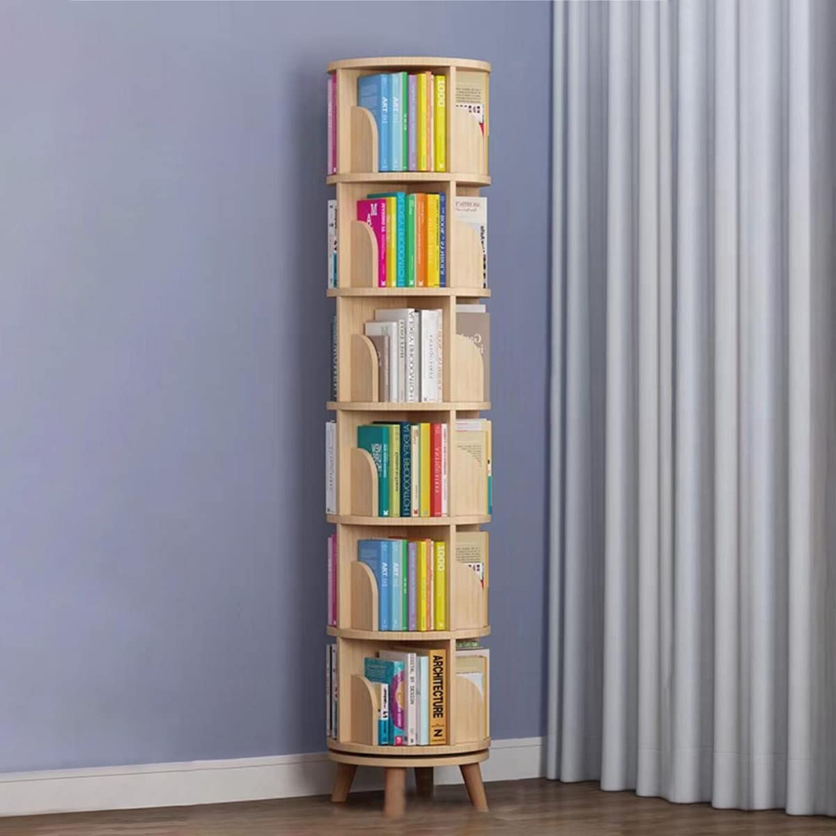 Gdrasuya10 360° Rotating Tall Bookshelf - 6 Tier Solid Wood Bookcase Organizer for Any Room Gdrasuya10