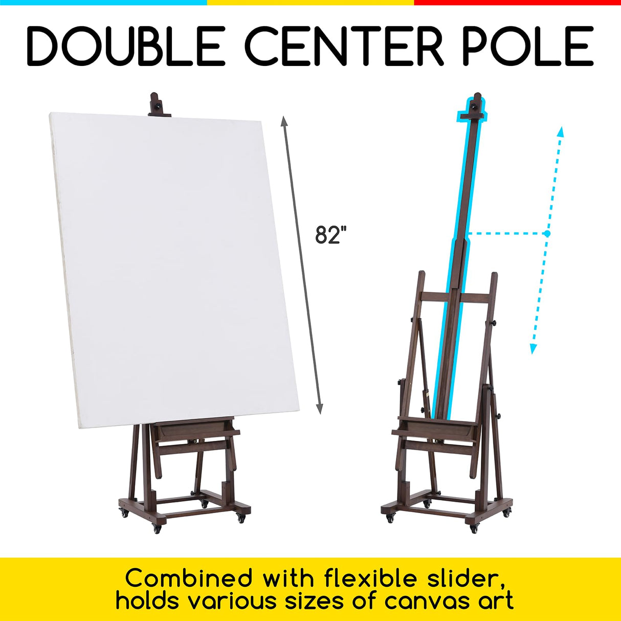 MEEDEN Extra Large H-Frame Studio Easel - Solid Beech Wooden Artist Professional Heavy-Duty Easel, Painting Art Easel Stand with 4 Premium Locking Silent Caster Wheels, Hold Max 82", Walnut MEEDEN