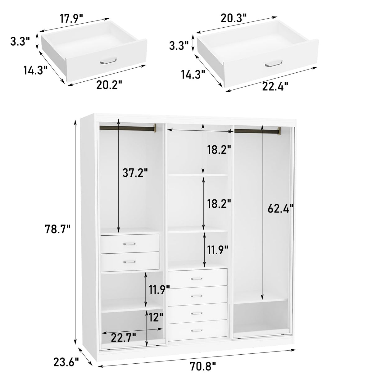 Homsee Extra Large White & Silver Sliding Glass Door Wardrobe Armoire with 2 Hanging Bars and 6 Drawers Homsee