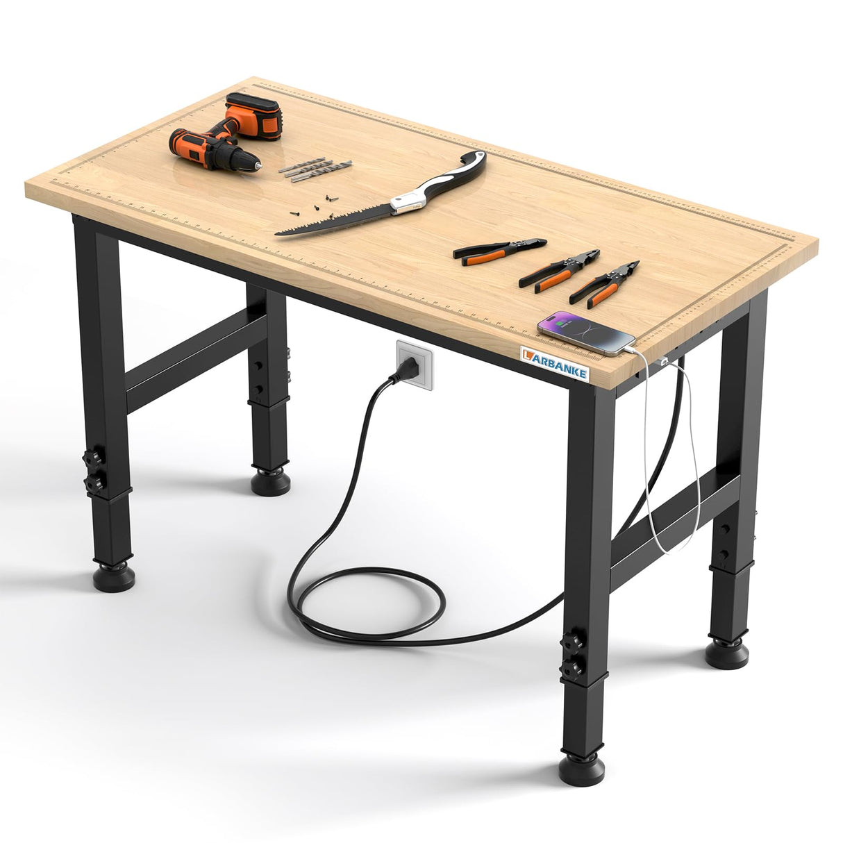 LARBANKE 48" Adjustable Workbench,Weight Capacity to 2000 LBS Heavy Duty Rubberwood Worktable,with 5 Adjustable Heights,Workbench with Scales,Power Panel,Suitable for Workshops,Offices and Homes LARBANKE