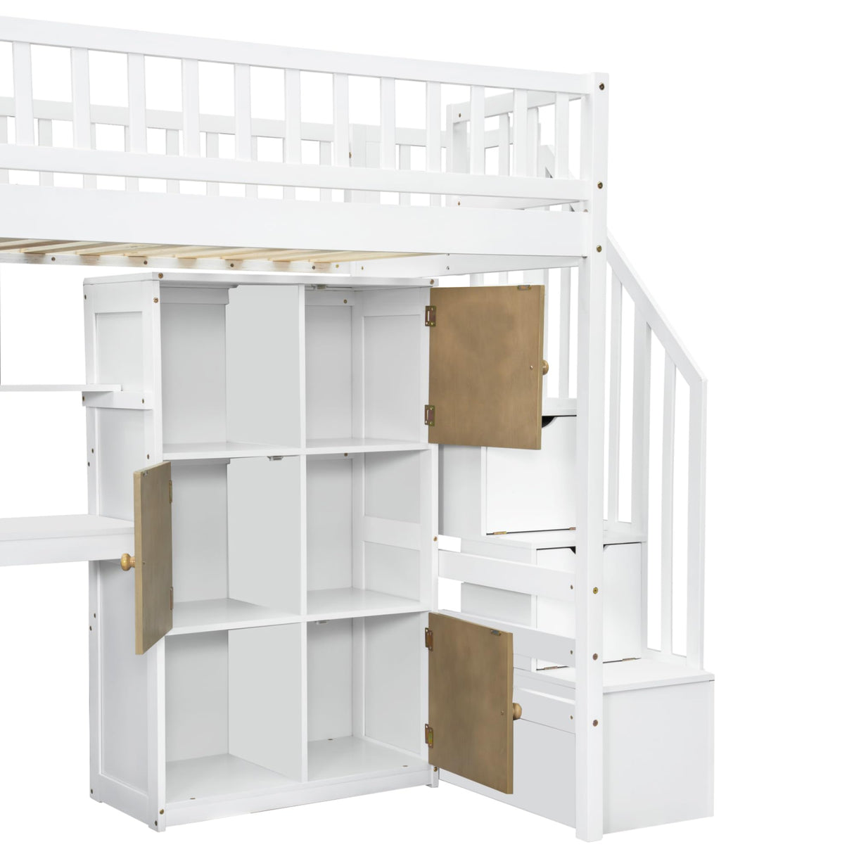 Ball & Cast Twin Size Solid Wood Loft Bed with Built-in L-Desk & Storage - Kids Bed Frame with LED Lights,Shelves & Safety Rails - Space-Saving Design,for Teens,No Box Spring Required,White Ball & Cast