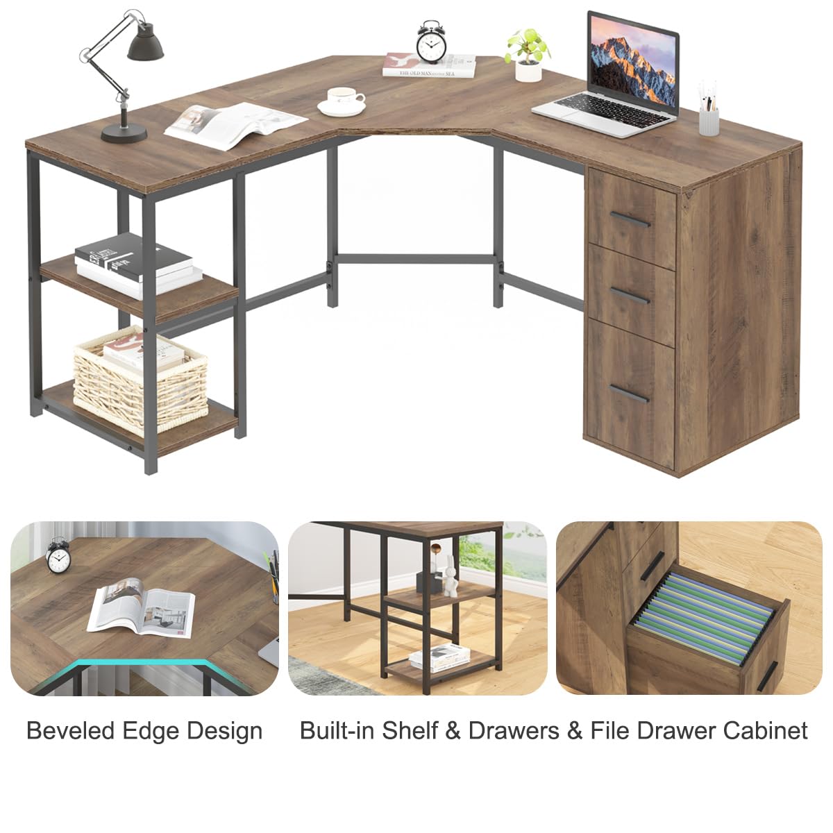 LVB Rustic L Shape Computer Desk with File Cabinet, Reversible Corner L-Shaped Desk with Drawers Storage Shelf, Modern Large Wood L Shaped Work Study Writing Gaming Desk Table for Home Office, 60 in LVB