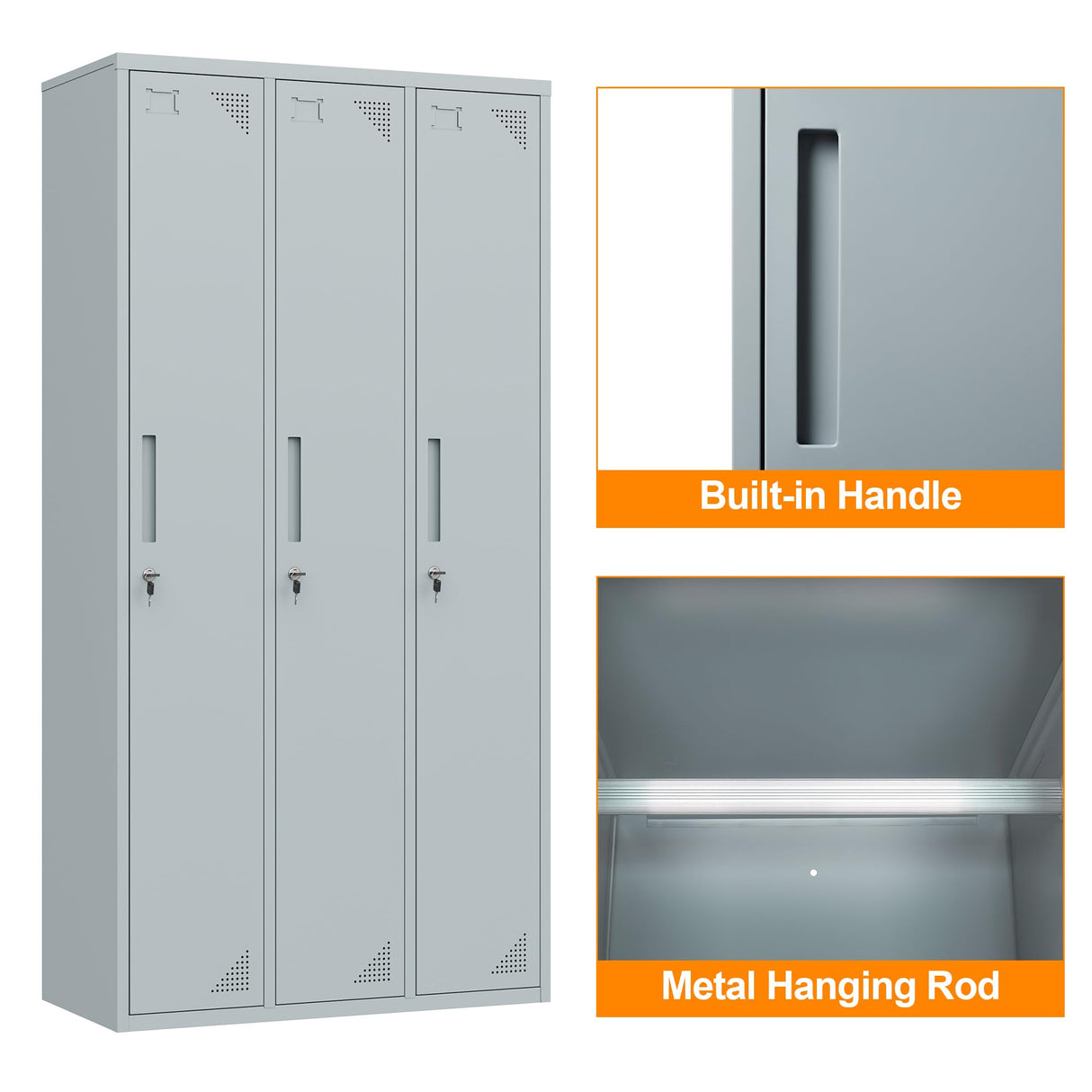 Anxxsu Metal Locker with 3 Doors Employees Locker, Metal Storage Locker with Hooks, 71" Storage Cabinet Lockers for Employees, Home, Office, Gym Requires Assembly (Grey) Anxxsu