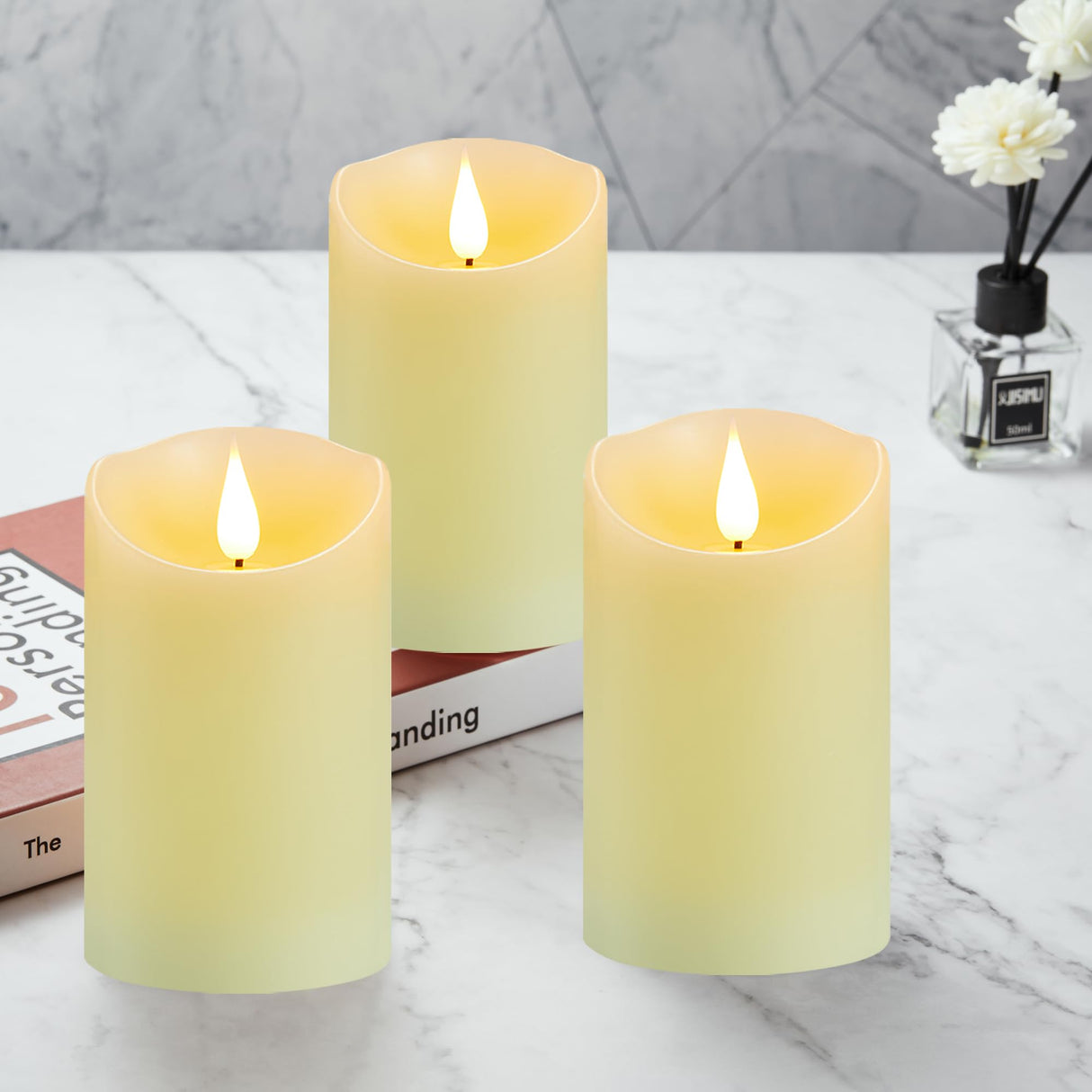 Guluto Rechargeable Candles, 3" x 6", Set of 2, Flameless Candles with Remote and Timer, led Pillar Candles Real Wax 3D Wick, led Ivory Candles for Home, Wedding, Birthday Guluto