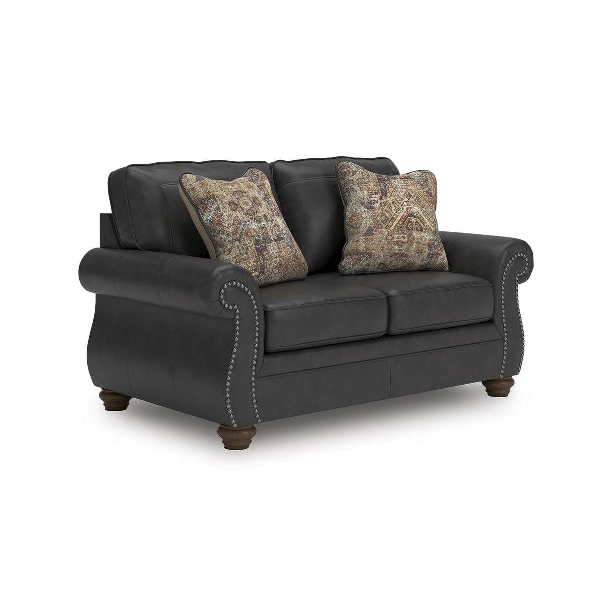 Signature Design by Ashley Chatterton Rustic Faux Leather Loveseat with Nailhead Trim and 2 Throw Pillows, Black Signature Design by Ashley