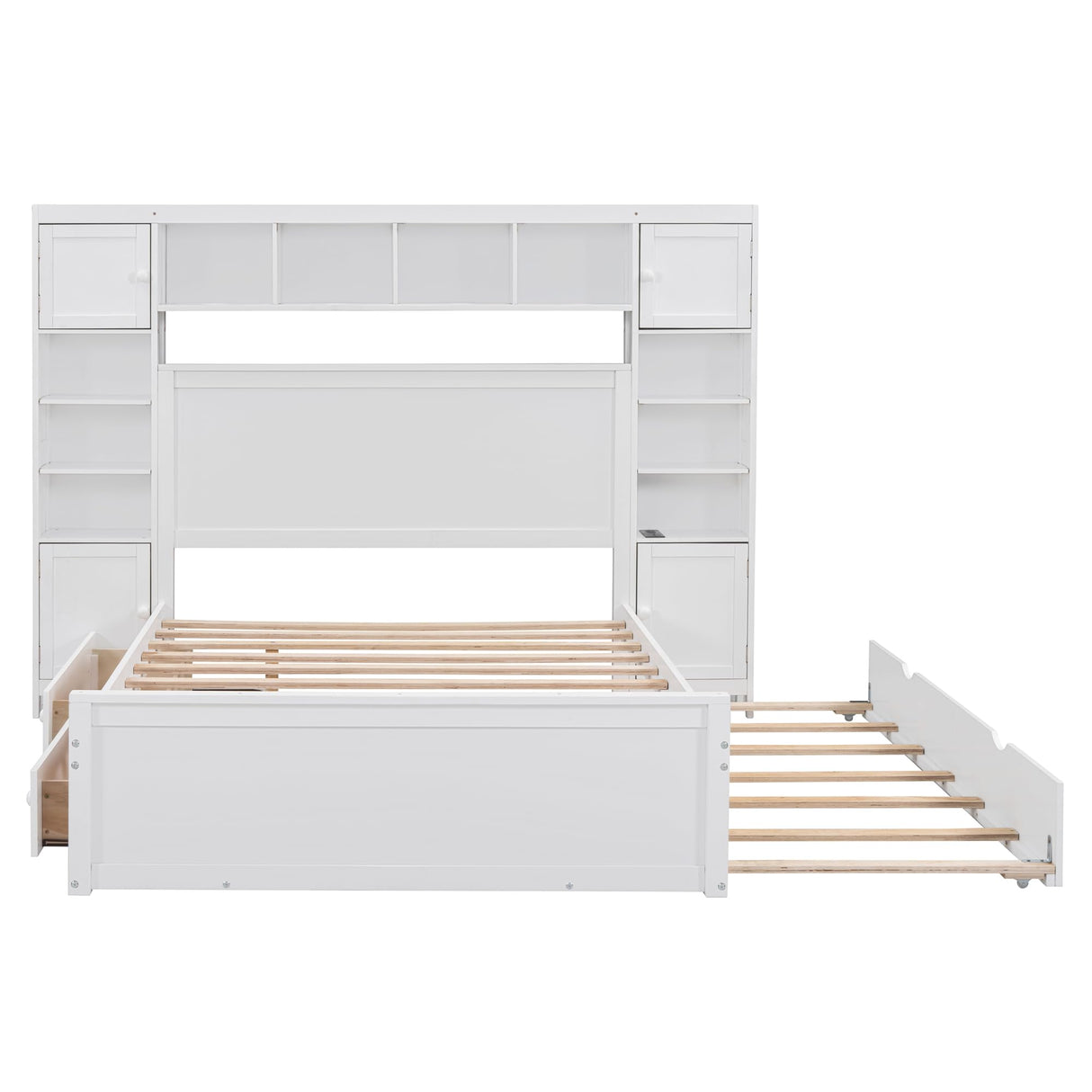 Full Storage Bed with Bookcase Headboard, Full Size Platform Bed with Trundle and 2 Storage Drawers, Solid Wood Full Size Bed Frame with Cabinet and Bookshelf, No Box Spring Needed - White Harper & Bright Designs