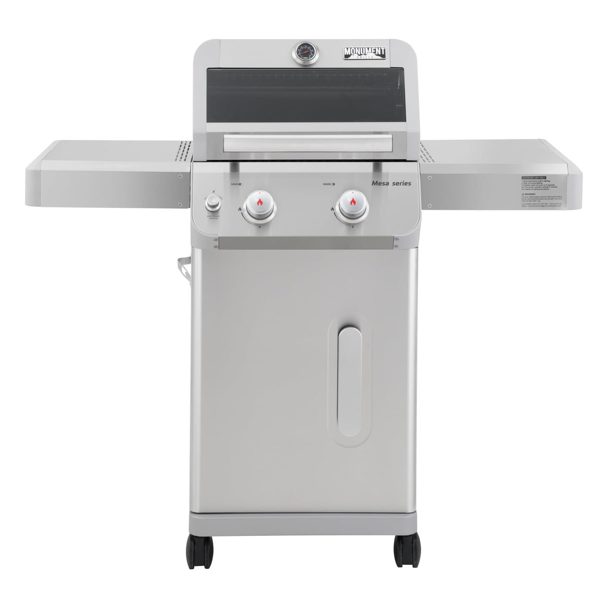 Monument Grills 2-Burner Stainless Steel Liquid Propane Gas Patio Garden Barbecue Grill with Clearview® Lid, Knob Control, and Two Foldable Shelves Mesa200S with BBQ Cover Monument Grills