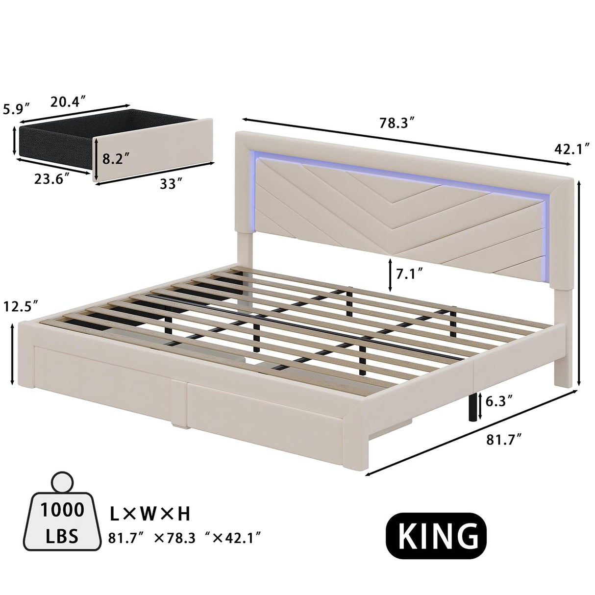 Fastroby King Size Bed Frame with Adjustable Headboard and 2 Storage Drawers, Upholstered Bed Frame King with RGB LED Light and Charging Station, Easy Assembly, No Box Spring Needed, Off White Fastroby