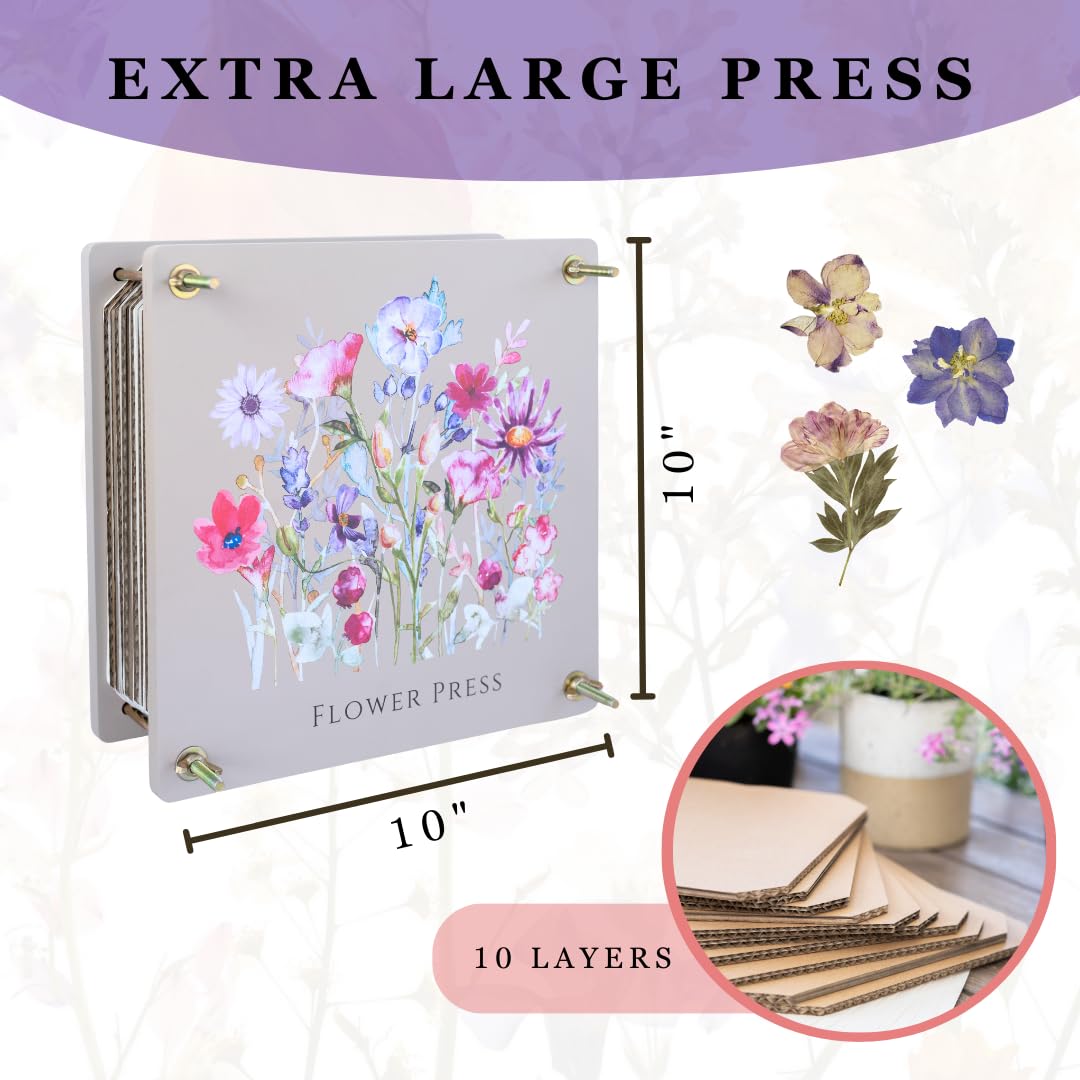 Extra Large Flower Press 11.2" x 10.7" – Press up to 10 Layers! Includes Cardboard, Blotting Paper, Greeting Cards, Ebook & More. Perfect Flower Preservation Kit for Kids & Adults Crafty and Paper