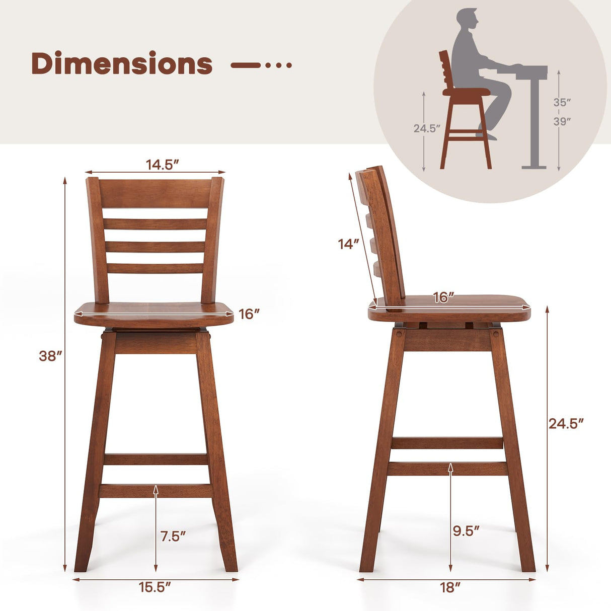Giantex Wood Bar Stools Set of 2, 24.5" Swivel Counter Height Bar Stools with Slatted Hollow Back & Ergonomic Contoured Seat, Footrest, Farmhouse Wooden Barstools for Kitchen Island, Bar, Cafe, Walnut Giantex