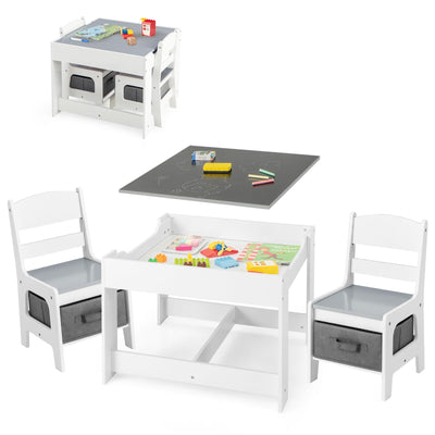 GLACER Kids Table and Chairs, 3 in 1 Wooden Activity Table with Storage, Reversible Tabletop, Chalkboard for Crafts, Drawing, Reading, Toddler Table and Chair Set for Playroom, Easy to Clean(Grey)