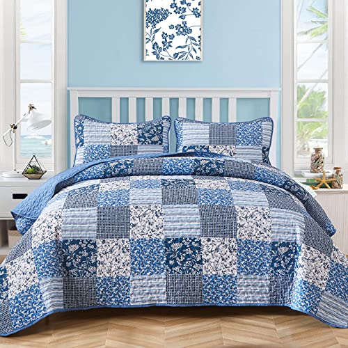 Mybedsoul Blue Boho Quilt Set Queen Size,3 Pieces Plaid Floral Bedspread Coverlet Set for All Season,Patchwork Reversible Bedding Set Queen 90"x96" Mybedsoul