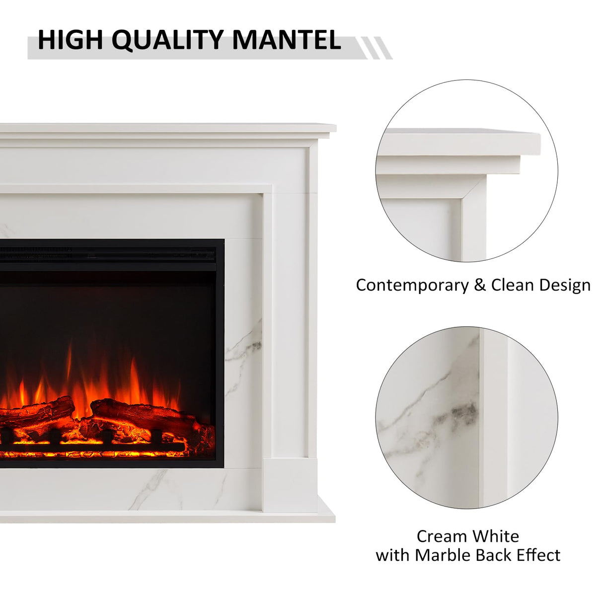 LegendFlame Fireplace Suite Cathrine, 47 Inch Mantel Surround, Cream White with Snow White Marble Finish, with 26 Inch Electric Fireplace Insert, 750W/1500W Heater, Weekly Timer, Remote Control Legend Flame