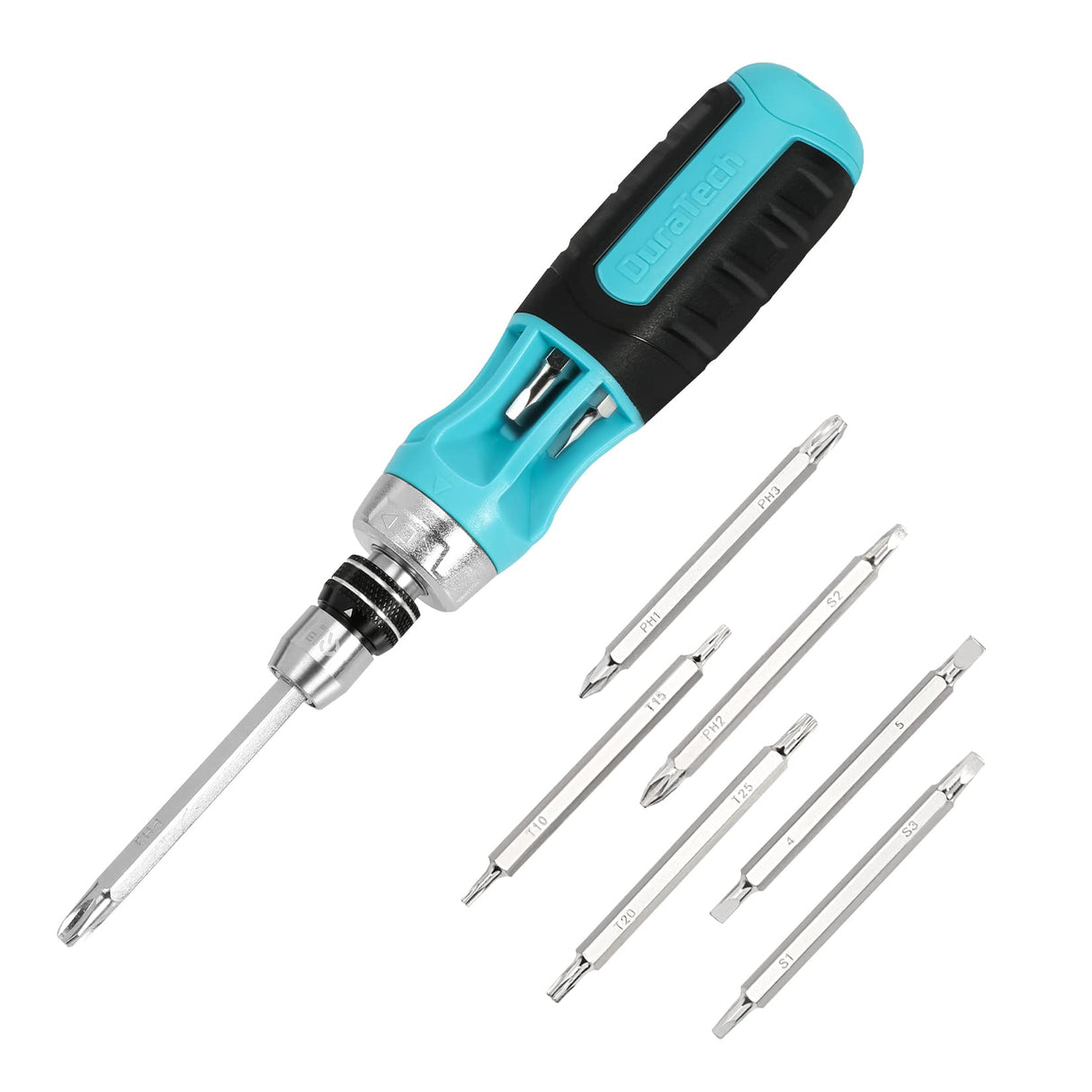 DURATECH Ratcheting Screwdriver, 12-in-1 Multi-bit Screw Drivers, Premium S2 Steel, Innovated Bits Quick-Load Mechanism, with Phillips, Slotted, Torx, Square Bits Stored in Handle DURATECH