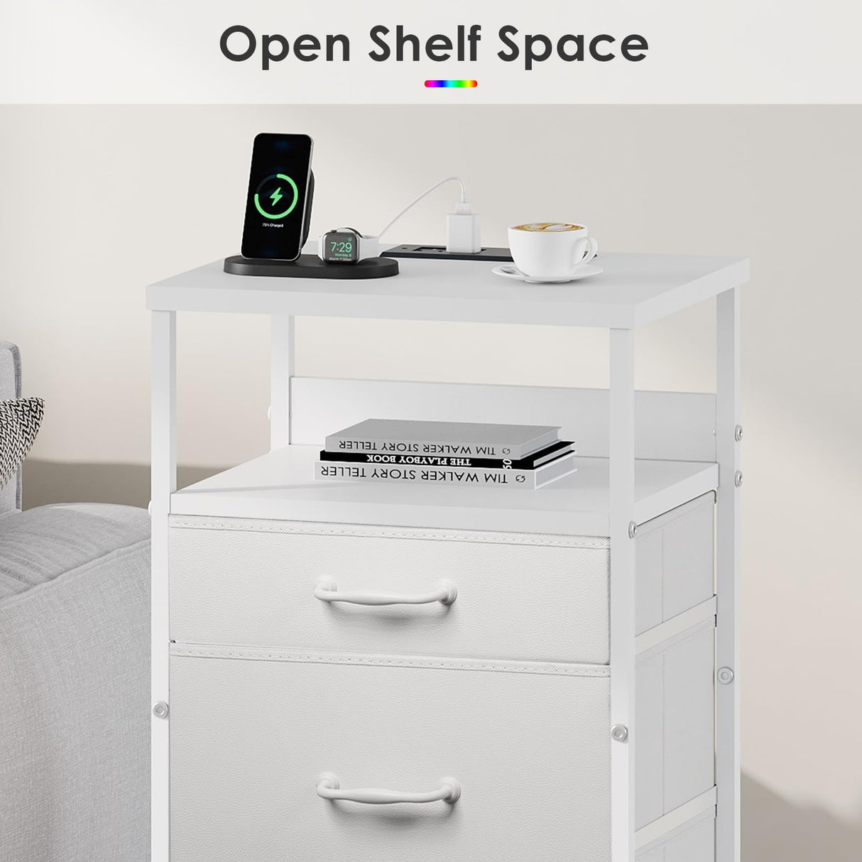 Yetom Nightstand with Charging Station Set of 2, LED Night Stand with3 Fabric Drawers, Side Table with Open Shelf, End Table with Steel Frame, 3 Drawer Dresser for Bedroom, White YeTom