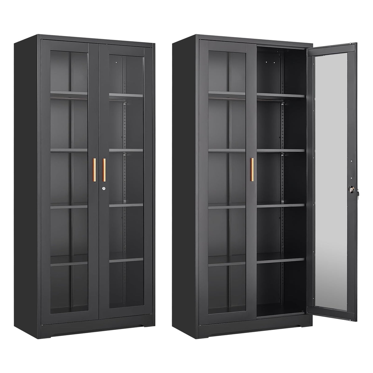 Display Cabinet with Glass Doors,Curio Cabinet with Lock,71" Metal Tall Display Case Cabinet with 4 Adjustable Shelves, Black Bookcase Locking Glass Display Cabinet for Living Room, Kitchen,Commercial SteeLoong