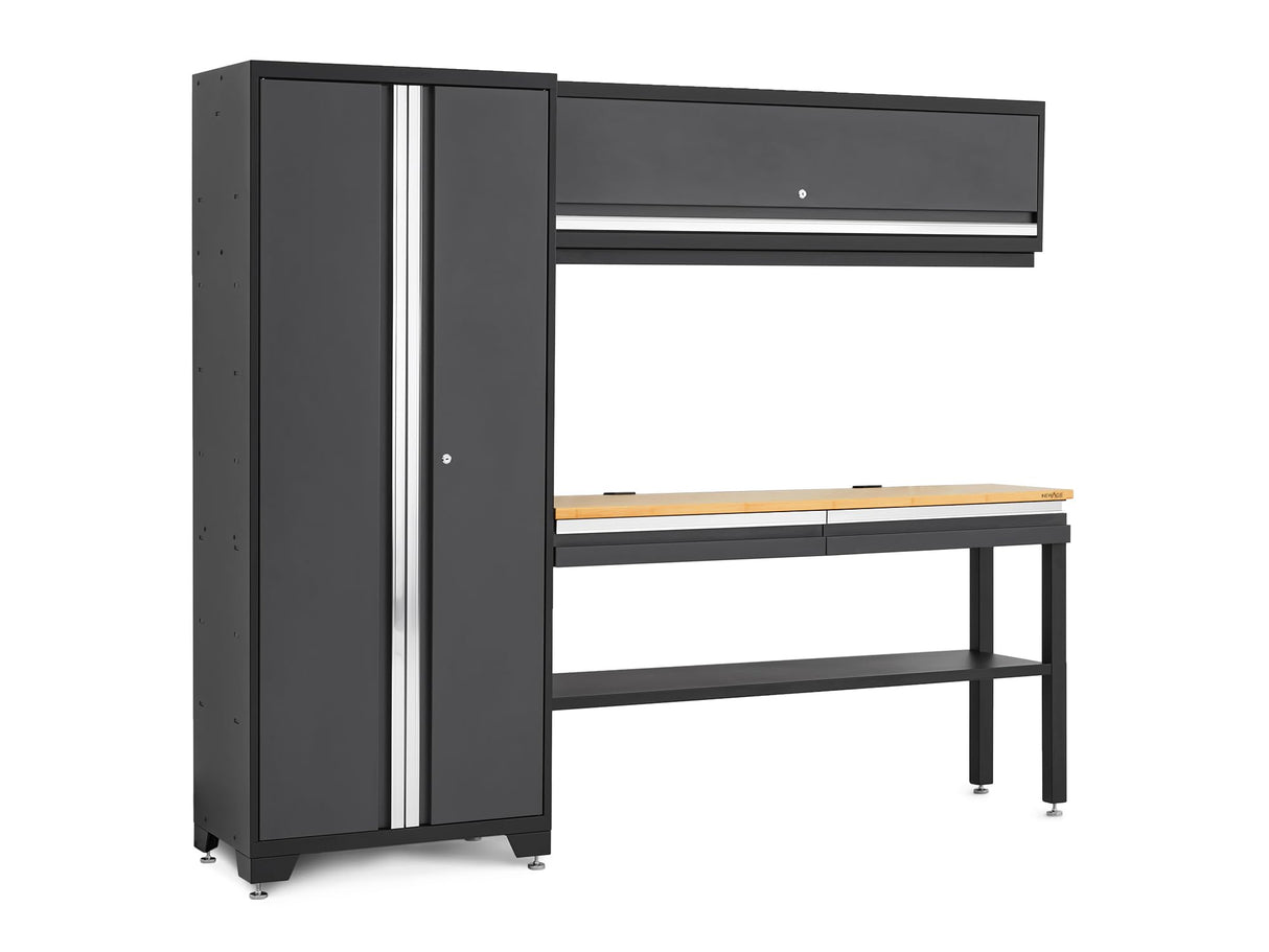 NewAge Products Bold Series Gray All-in-one 4pc Set, 30 in. Locker, Wall Cabinet, 60 in RTA Workbench with Bamboo Worktop, 24-Gauge Heavy Duty Steel Garage Storage Cabinets, 73501 NewAge Products Inc.
