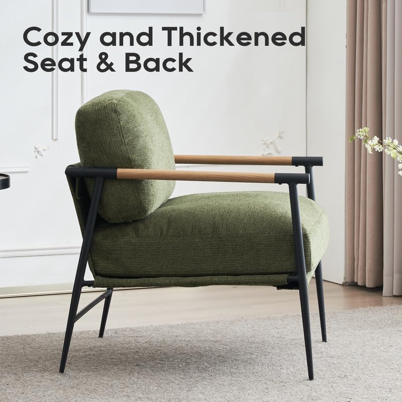 Accent Chair Mid Century Modern Armchair for Living Room,Bedroom,Office,Lounge Comfy Chenille Upholstered Soft Removable Washable Cushions and Pillows,Metal Wood-Grain Armrest Legs,Green Comfort Stretch