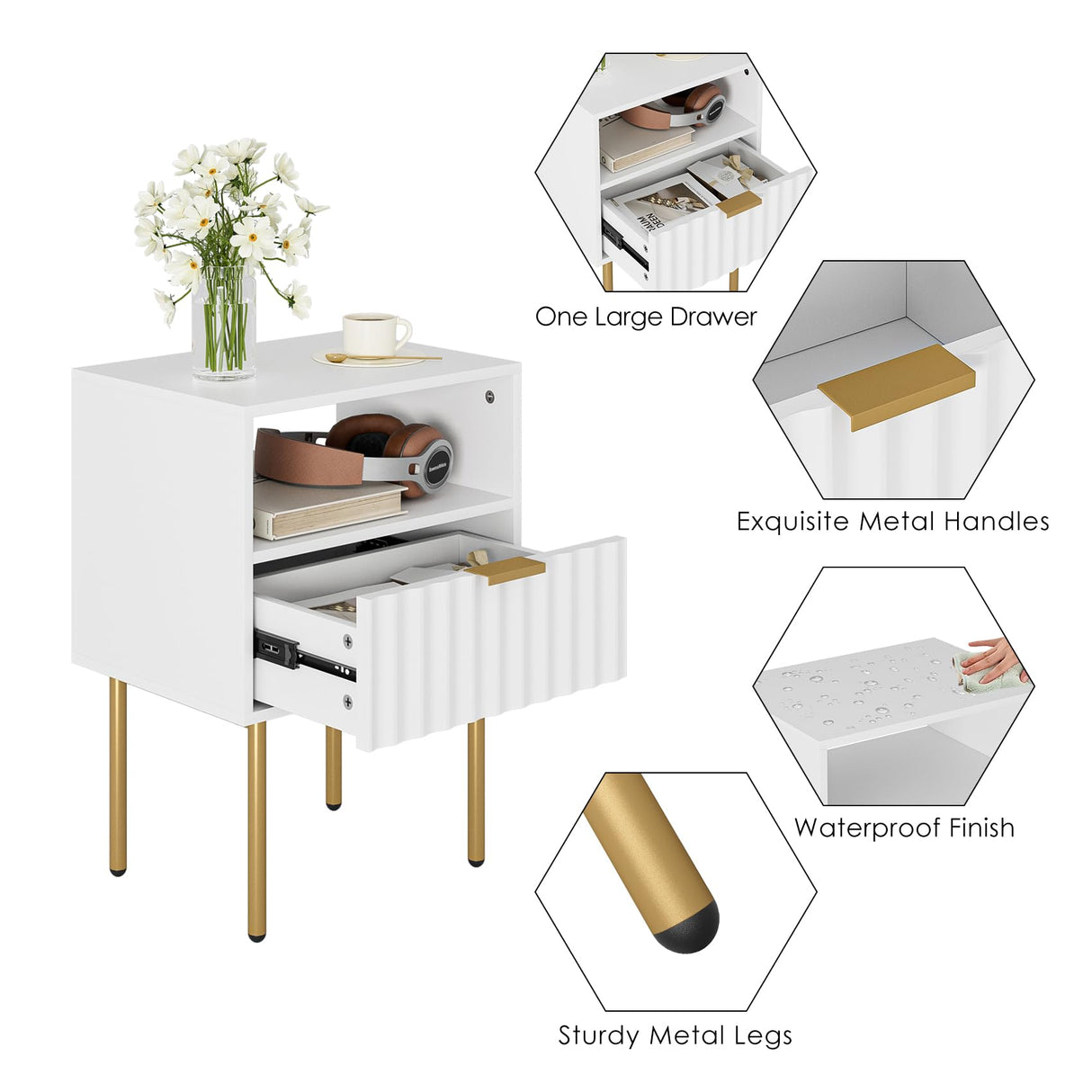 Aienvey Nightstand,Modern Bedside Table with Gold Frame,White Night Stand,Bedside Furniture, Modern Side Table with Drawer and Shelf for Bedroom,Living Room (White) Aienvey