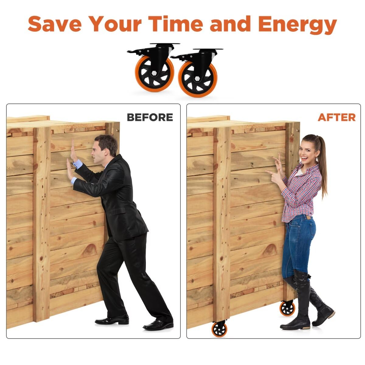 Caster Wheels, Heavy Duty 4 Inch Casters Set of 4, Locking Swivel Casters Wheels for Cart, Furniture and Workbench, Orange EGOFIX