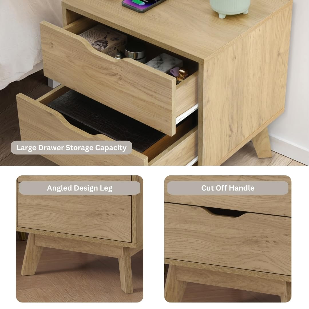 ELISA HOME Nordica 2 Drawer Nightstand with Charging Station, Drawer Slide Pre-Assembly, Nightstand for Bedroom, End Table, Sofa Side Table for Living Room, 15.7" D x 18.9" W x 21.2" H, Natural Oak ELISA HOME
