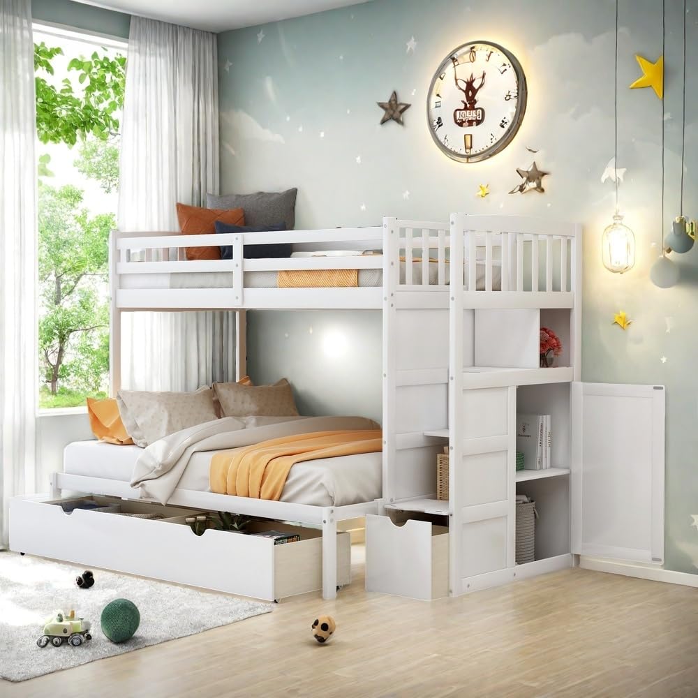 SOFTSEA Twin Over Twin Bunk Beds with Drawers, Twin Over Full Bunk Bed with Stairs and Storage Cabinet Convertible Bunk Bed for Kids SOFTSEA
