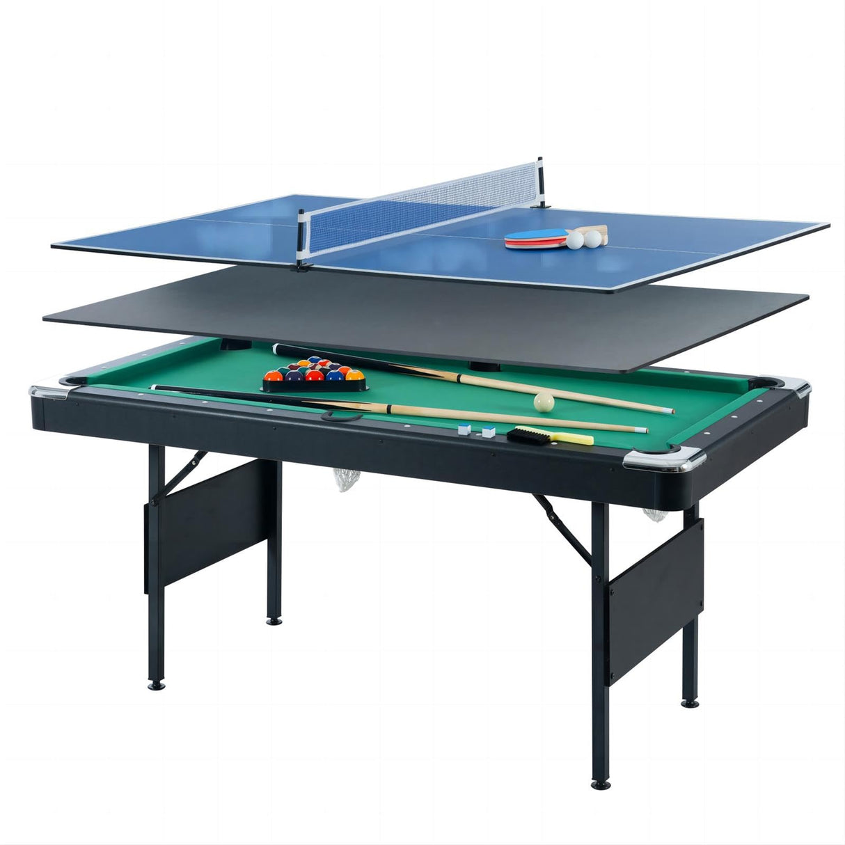 Multi Game Table, Portable Pool Table, Ping Pong & Dining Table Combo, 68.5-inch Foldable Billiard Table for Adults & Kids with Billiard Accessories and Tennis Paddles (3-in-1 Pool Table - Green) INOTEVERITORY