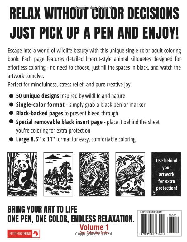 Monochrome Adult Coloring Book: 50 Wildlife Silhouettes in Black and White - Easy Single-Color Designs for Relaxation and Mindfulness (One-Color Art Series) Majosta