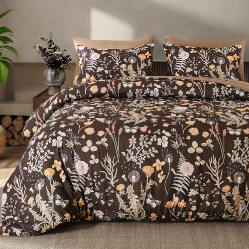 Yiran Brown Comforter Set Queen Size, 7 Piece Floral Comforter Bedding Set, Farmhouse Bed in a Bag, Soft Microfiber Complete Bedding Set with Sheets for All Season