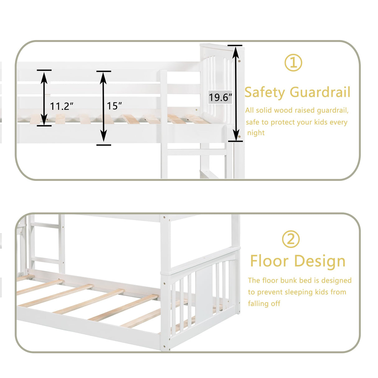 Montessori Floor Bunk Bed Twin Over Twin, Twin Bunk Bed with Slide and Ladder, Kids Bunk Beds with Guardrail Headboard and Footboard, Low Bunk Beds for Kids, Boys, Girls, Twin Bunk Bed White Bellemave
