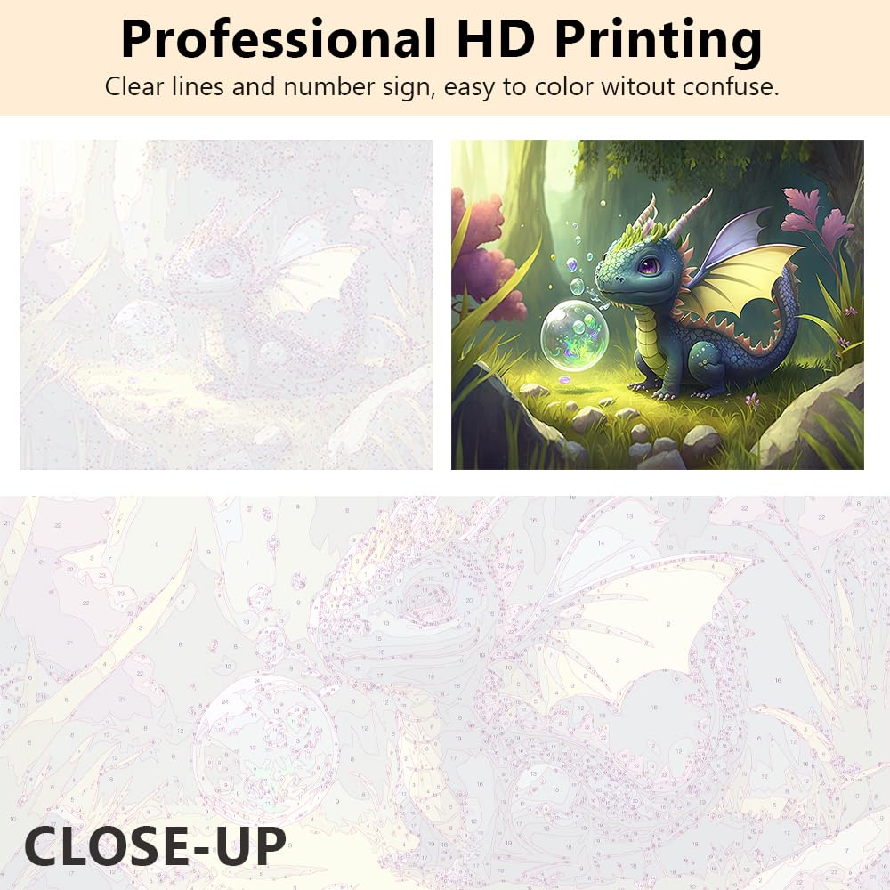 TUMOVO Paint by Numbers Cute Little Dragon DIY Paint by Numbers Kit for Adults and Kids DIY Canvas Painting by Numbers Watercolor Oil Painting Acrylic Painting Arts and Craft 16x20 Inch TUMOVO