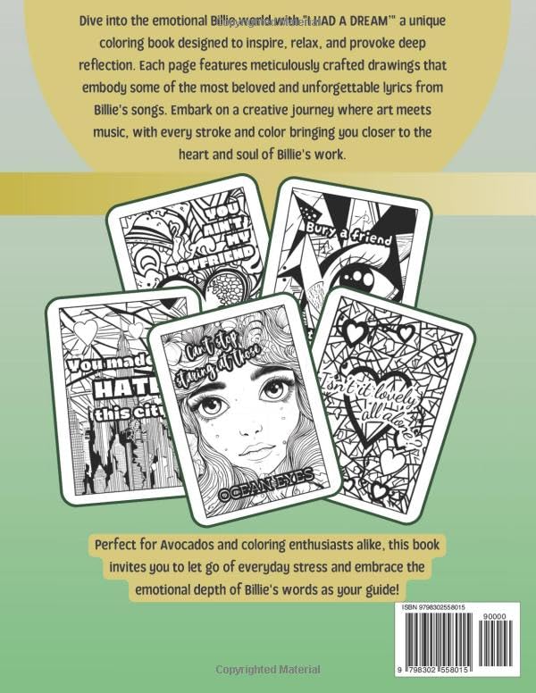 I HAD A DREAM: Billie Inspired Coloring Book for Teens | Avocados Fun Club | 50 Pop-Style Illustrations | Stress Relief, Fun, Relax and Creativity | Perfect Gift for Music and Art Lovers Majosta
