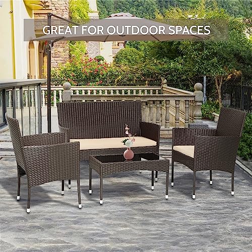 FDW Patio Furniture Set 4 Pieces Outdoor Rattan Chair Wicker Sofa Garden Conversation Bistro Sets for Yard (Brown) FDW