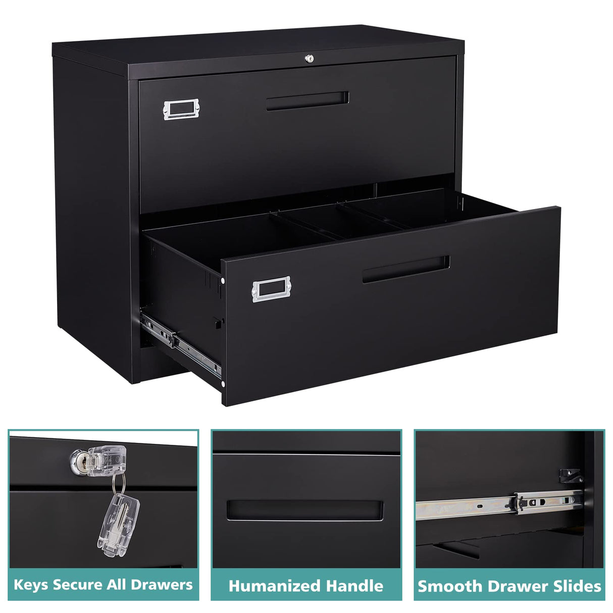 MIIIKO Lateral File Cabinet 2 Drawer, Black Metal File Cabinet with Lock, 35.4" Wide Drawers Storage File Cabinet for Hanging Files Folders Letter/Legal/A4 Size MIIIKO