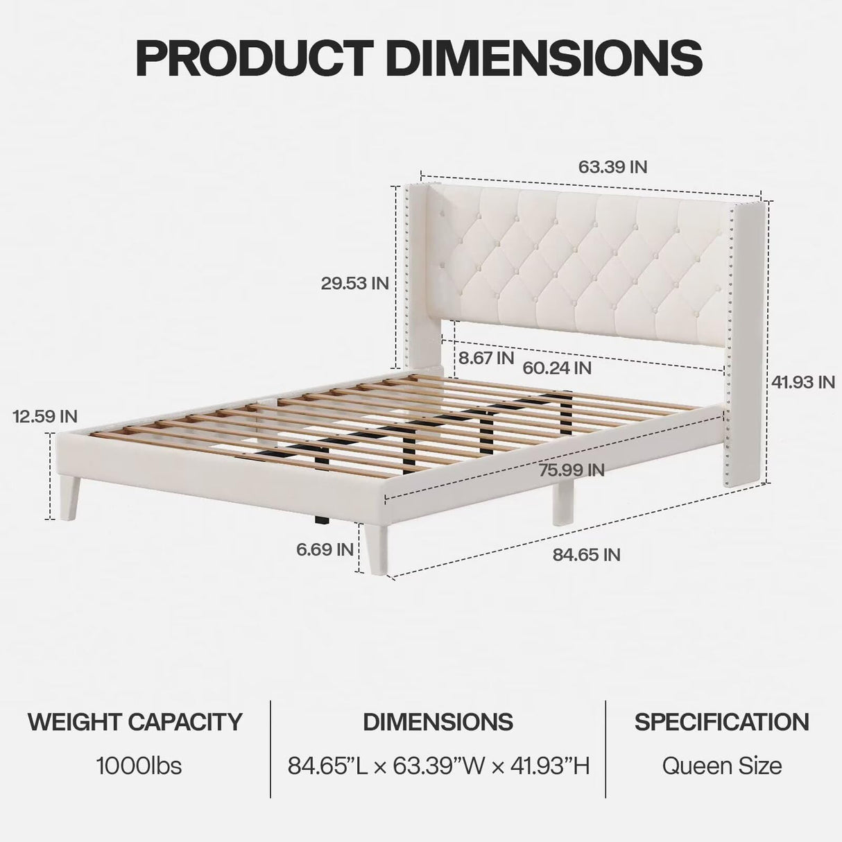 DOGIBIXO Queen Size Bed Frame with LED Lights, Upholstered Bed Frame with Wingback Diamond Tufted Headboard, Wood Slats Support, Noise-Free, Easy Assembly, No Box Spring Needed, Beige DOGIBIXO