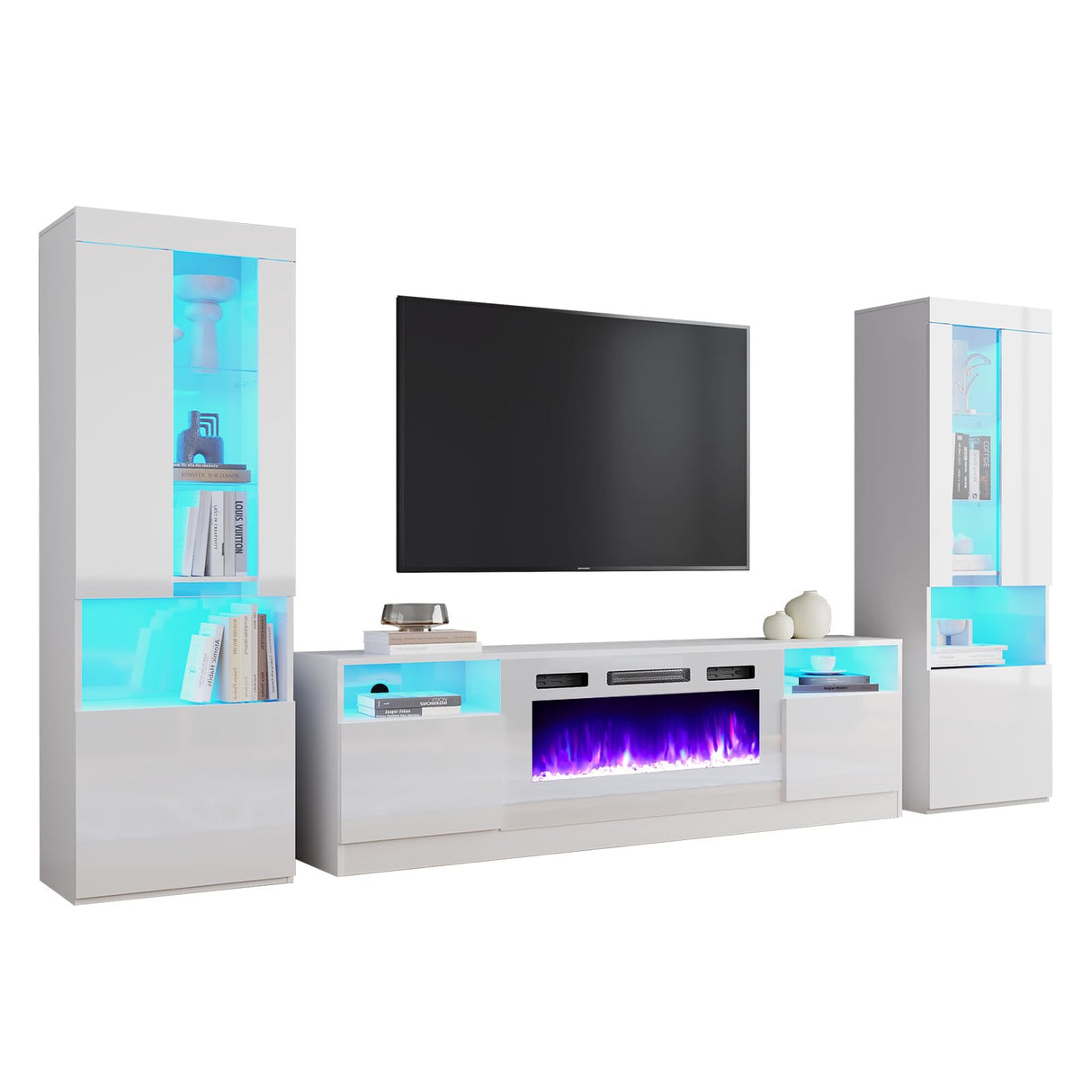 AMERLIFE Modern Highgloss Fireplace Entertainment Center Set, Includes 80" Fireplace TV Stand & 2 LED Highlight Bookcases, Fireplace Storage Cabinets for TVs up to 90", White AMERLIFE