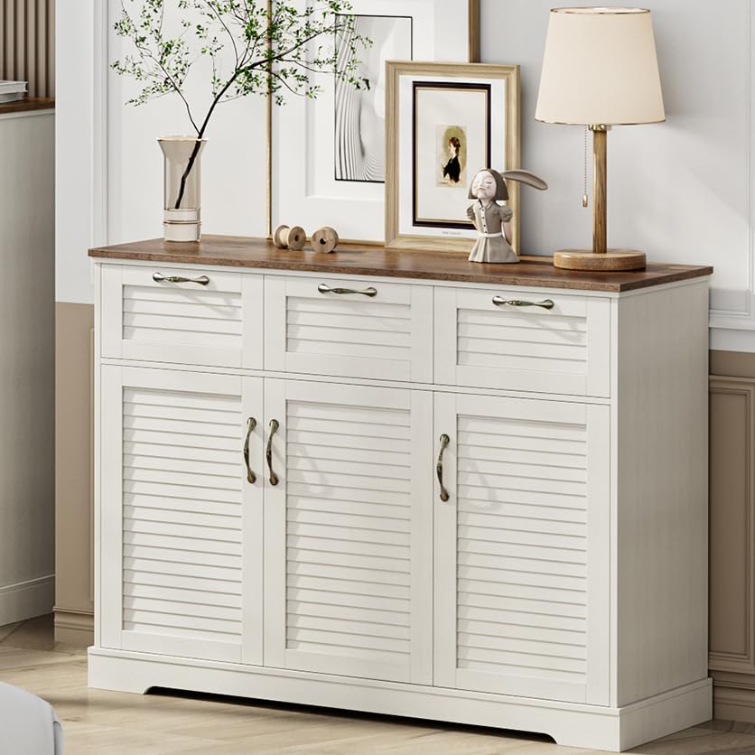 Kitchen Sideboard Buffet Cabinet with Storage, 15.7"D x 47.2"W x 35.1"H, Buffet Server Bar with 3 Shutter Doors and 3 Drawers for Wine, Coffee, Bar for Living Room, Dining Room, White Oak Keyluv