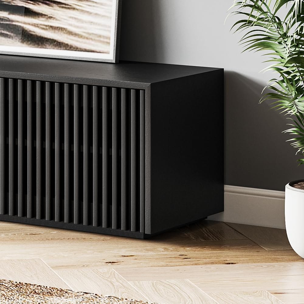 POVISON Modern Solid Wood TV Stand, Black Entertainment Center for 65 inch TV, Full Assembled Media Console with Storage, Farmhouse Low TV Cabinets POVISON