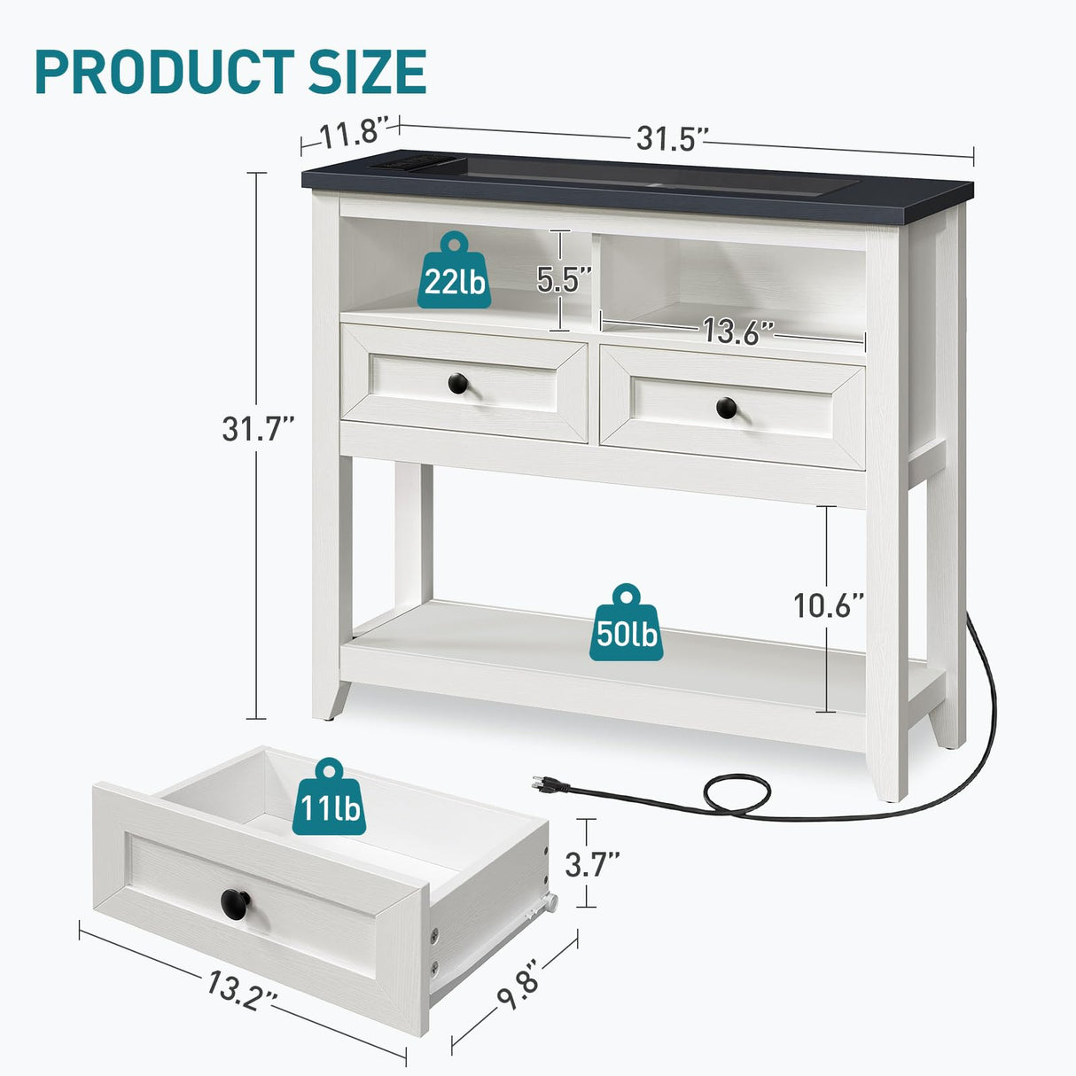 RALGEND Farmhouse Console Table with Charging Station and LED Strip, Entryway Table with 2 Drawers, Sofa Table with Storage, for Entryway, Living Room, Hallway, White and Ink Blue RALGEND