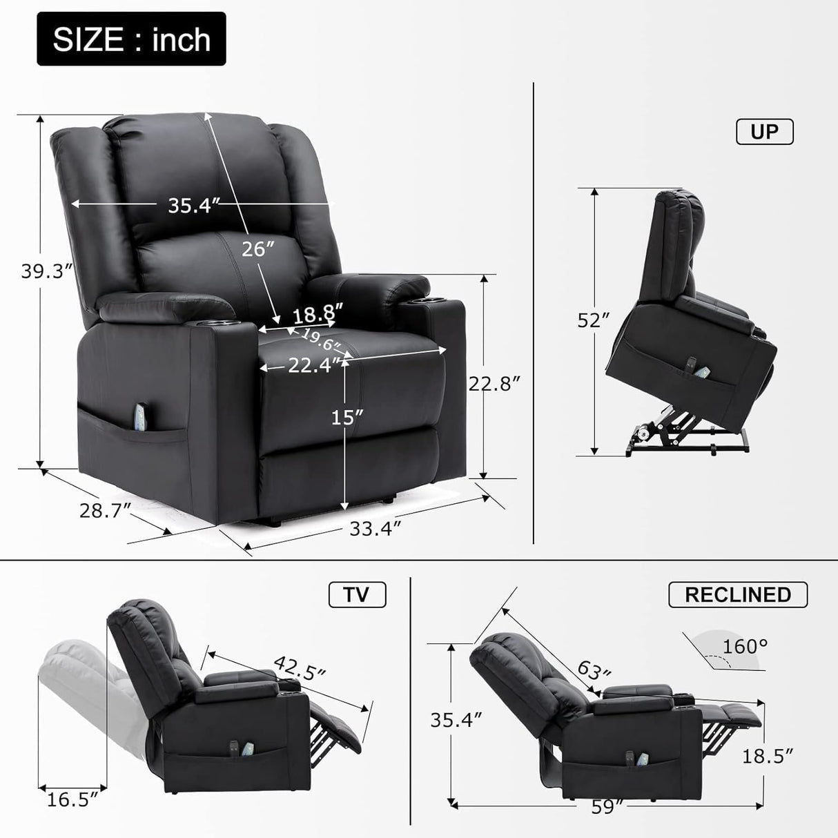 COMHOMA Power Lift Recliner for Elderly,Lift Chair with Heat and Massage,PU Recliner Sofa with Timing Function 2 Side Pockets,Cup Holders and Infinite Position for Living Room (Black) COMHOMA
