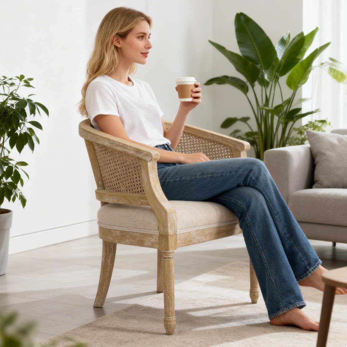 NoeBanJe Mid Century Accent Chair, Armchair with Curved Backrest and Upholstered, Reading Chair with Vintage Rattan Hollow Out, for Living Rooms, Bedrooms, Farmhouses, Balconies (Beige) NoeBanJe